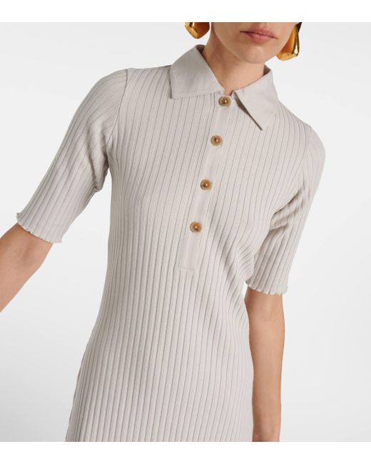 Vince White Ribbed-Knit Cotton-Blend Polo Dress