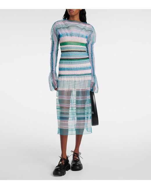SUSAN FANG Blue Striped Sheer Midi Dress