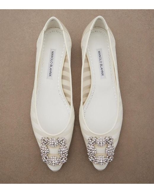 Manolo Blahnik White Hangisi Embellished Organza Ballet Flats
