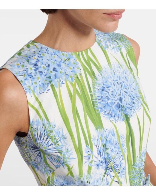 Oscar de la Renta Blue Floral Cotton-Blend Poplin Midi Dress
