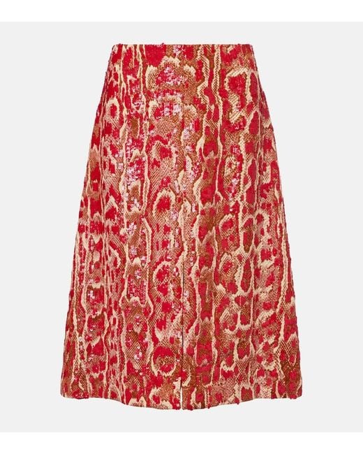 Dries Van Noten Red Shera Sequined Midi Skirt