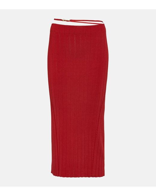 Jacquemus Red Viscose Knit Ribbed Midi Skirt