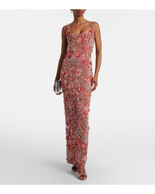 Rachel Gilbert Red Francesca Embellished Floral Gown