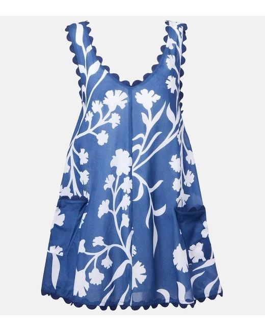 Juliet Dunn Blue Floral Scalloped Cotton Minidress