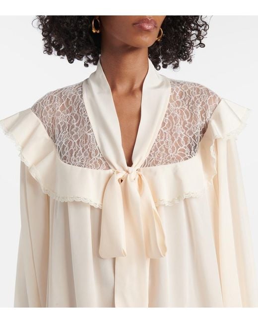 Stella McCartney Natural Bow-Detail Lace-Trimmed Silk Blouse