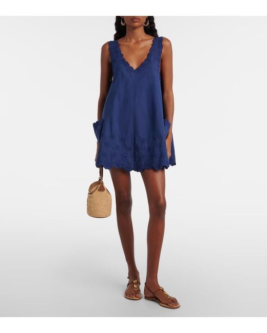 Juliet Dunn Blue Floral Embroidered Cotton Poplin Minidress