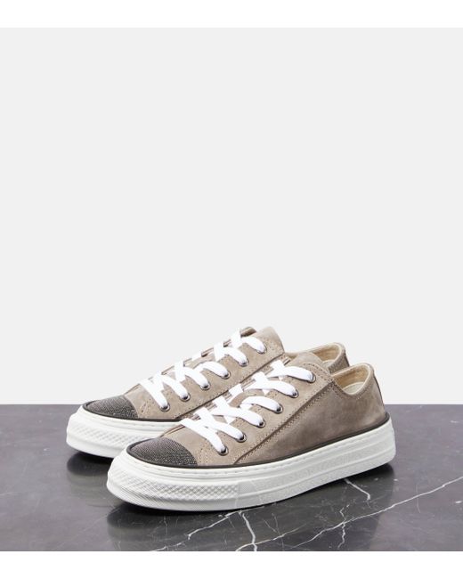 Brunello Cucinelli White Embellished Suede Sneakers
