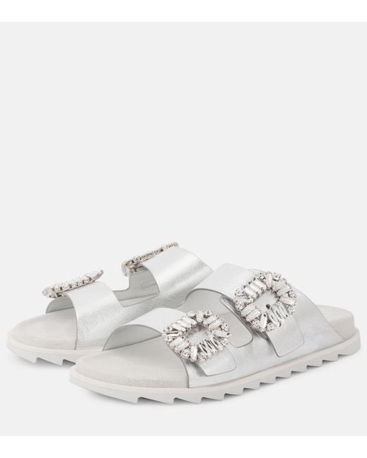 Roger Vivier White Crystal-Embellished Metallic Leather Slides