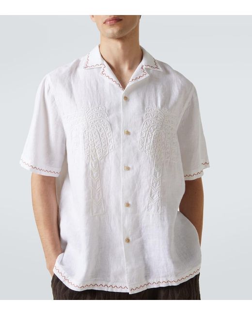 Frescobol Carioca White Flavio Embroidered Linen Bowling Shirt for men
