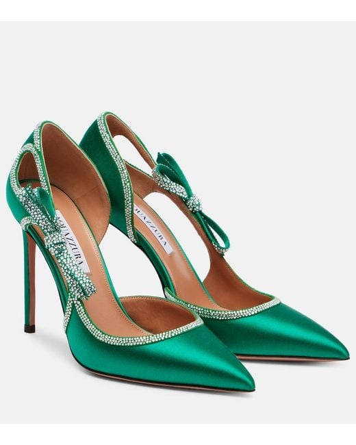 Aquazzura Green Soave Crystal 105 Bow-Detail Satin Pumps