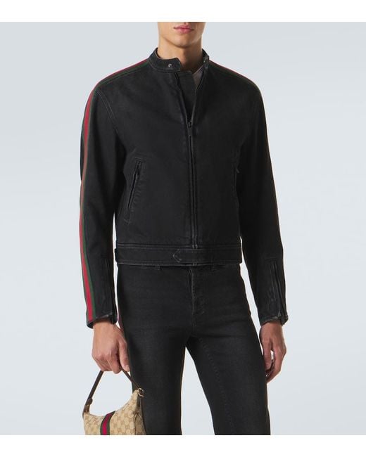 Gucci Black Web Stripe Denim Biker Jacket for men