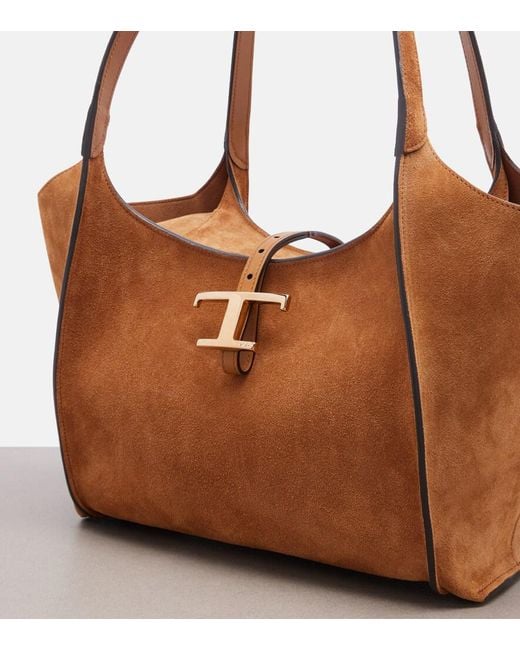 Tod's Brown T Timeless Small Suede Tote Bag
