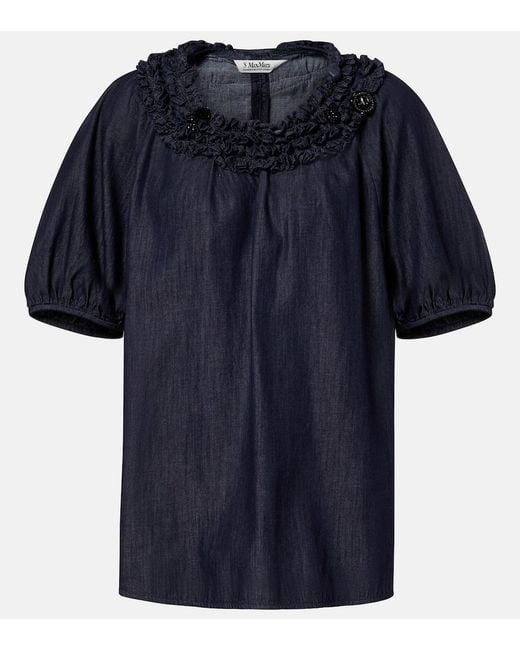 Max Mara Blue Embellished Ruffled Denim Blouse