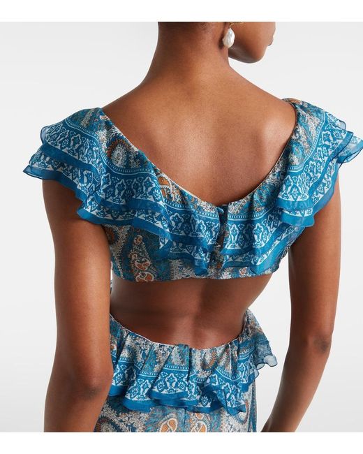 Etro Blue Paisley Lace-Trimmed Ruffled Silk Maxi Dress