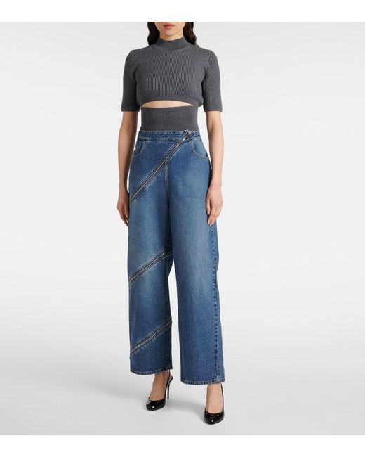 Alaïa Gray Ribbed-Knit Cutout Wool-Blend Top