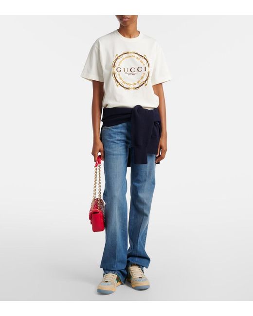 Gucci White Logo Embroidered Cotton Jersey T-Shirt
