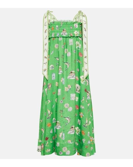 ALÉMAIS Green Shirred Printed Linen Midi Dress