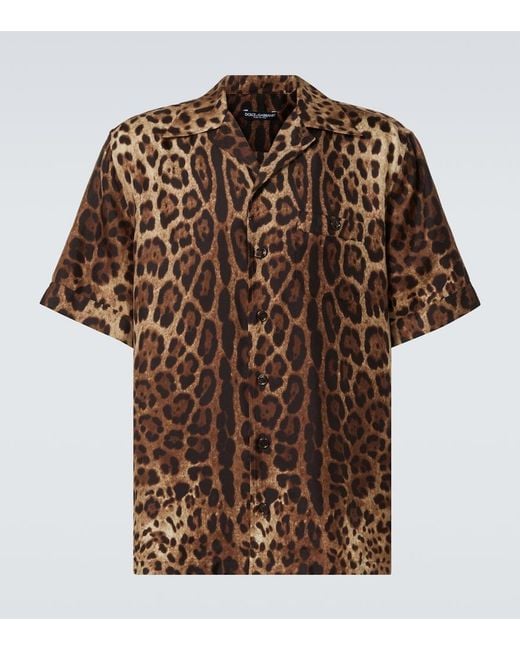 Dolce & Gabbana Brown Bowling Shirt With Cuban Collar And All-Over Leopard Print for men