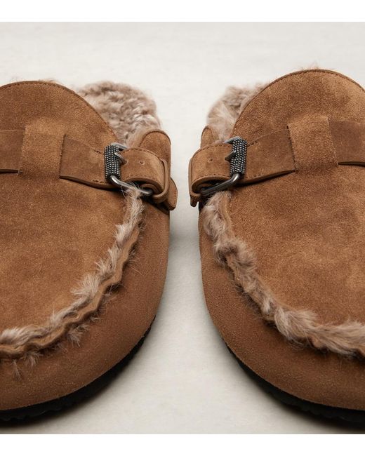 Brunello Cucinelli Brown Slippers Monili Aus Veloursleder Mit Shearling