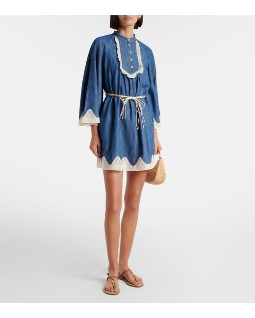Zimmermann Blue Awaken Belted Lace-Trimmed Denim Minidress