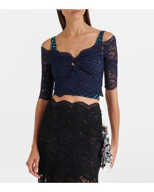 Rabanne Blue Trompe L'Oil Lace And Velvet Crop Top