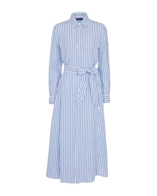 Robe chemise longue rayée en lin Polo Ralph Lauren en coloris Blue