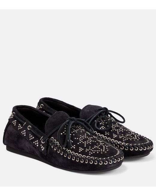 Isabel Marant Black Freen Embellished Suede Moccasins