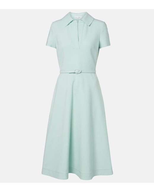 Oscar de la Renta Blue Belted Wool-Blend Midi Dress