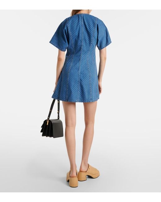 Ganni Blue Polka-Dot Denim Minidress