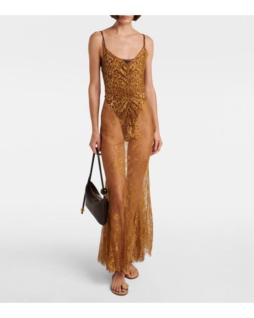 JACQUES WEI Brown Silk-Trimmed Lace Maxi Dress