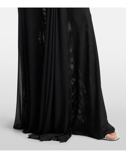 David Koma Black Floral-Applique Mesh Gown