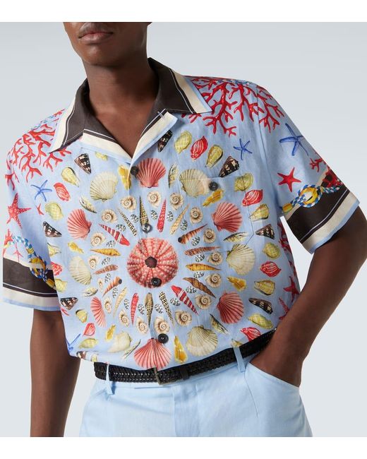 Dolce & Gabbana Bedrucktes Hemd Aus Leinen-Canvas in Blue für Herren