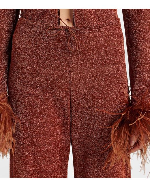 Oseree Red Lumiere Plumage Feather-Trimmed Straight Pants