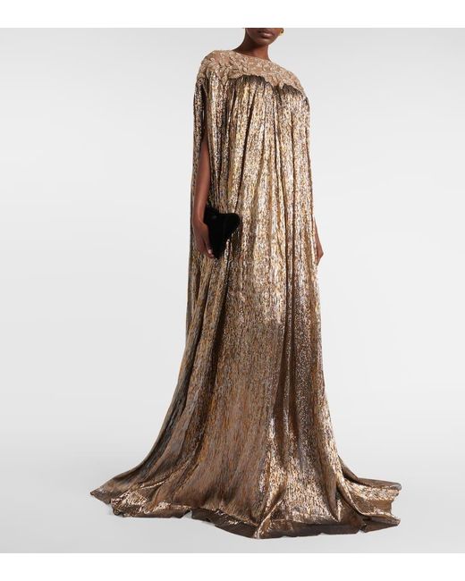 Oscar de la Renta Natural Embellished Gathered Lame Gown