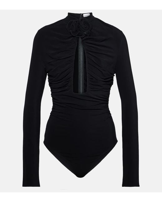 Magda Butrym Blue Floral-Applique Ruched Cutout Bodysuit