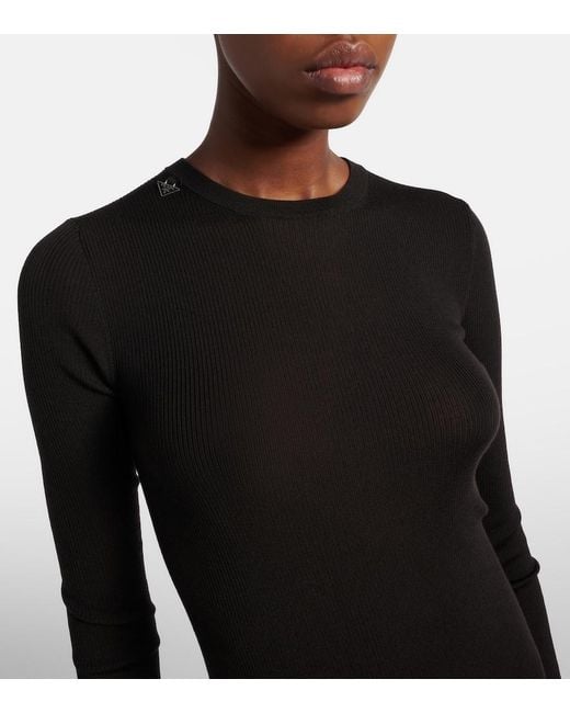 Prada Black Ribbed-Knit Virgin Wool Midi Dress