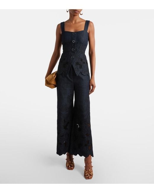 Veronica Beard Blue Osborne Cotton Chambray Wide-Leg Pants