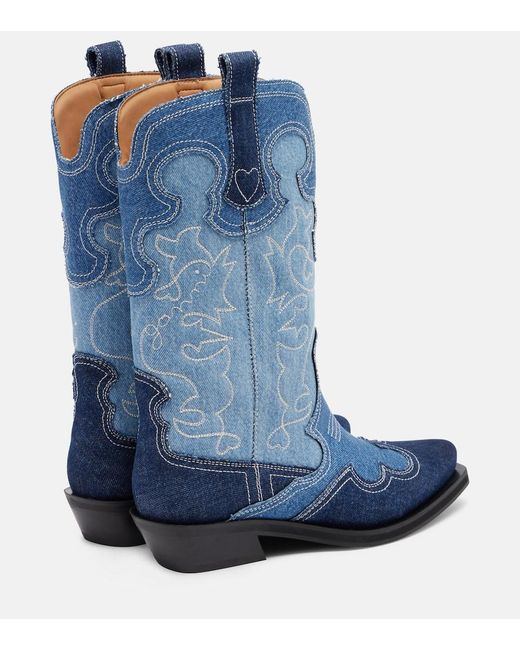 Ganni Blue Denim Cowboy Boots