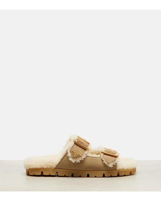 Prada Metallic Shearling-Lined Suede Sandals