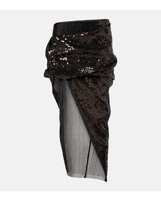Rick Owens Black Draped Sequined Denim Midi Skirt