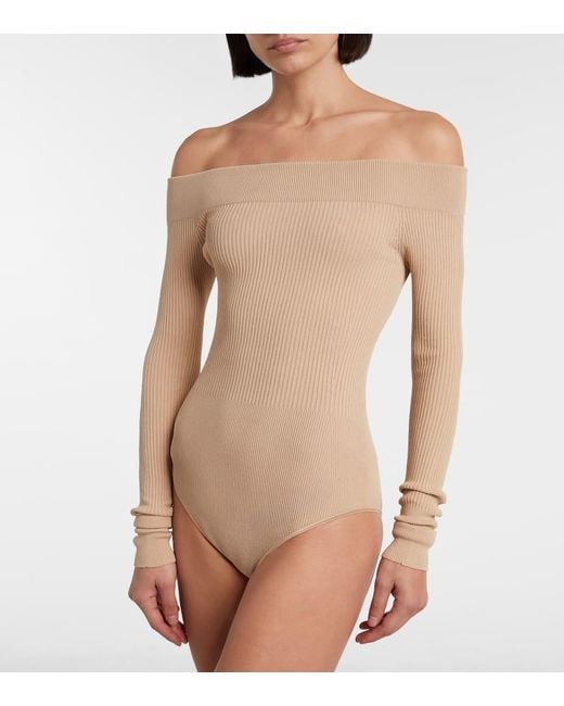 Alaïa Natural Ribbed-Knit Off-Shoulder Bodysuit