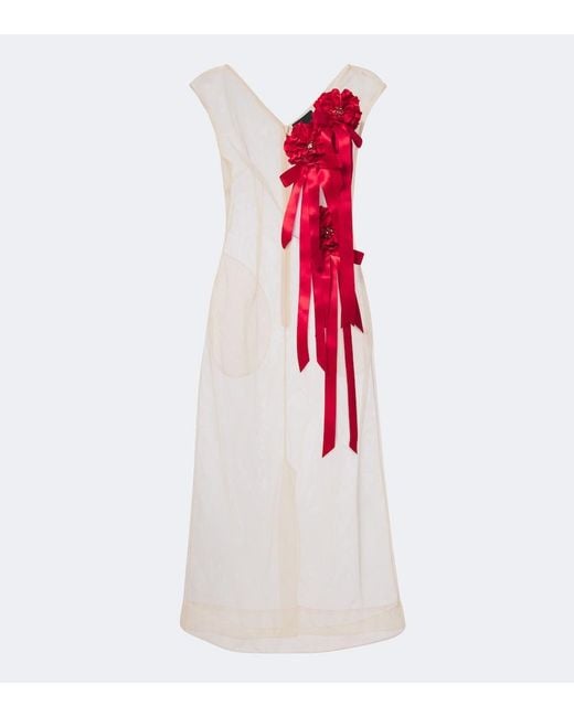 Simone Rocha Red Embellished Floral-Applique Tulle Midi Dress