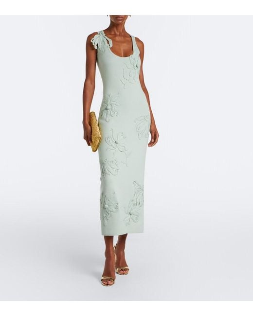 Oscar de la Renta Green Floral Applique Wool-Blend Midi Dress