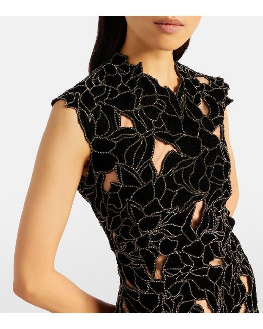 Costarellos Black Serisa Embellished Lace-Trimmed Velvet Gown