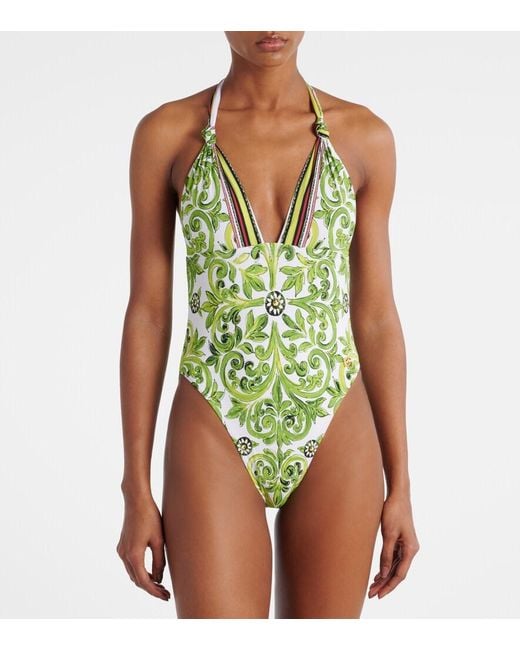 Dolce & Gabbana Green Printed Halterneck Swimsuit