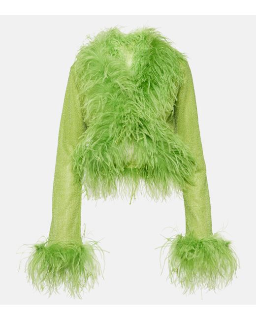 Oseree Green Lumiere Plumage Feather-trimmed Top