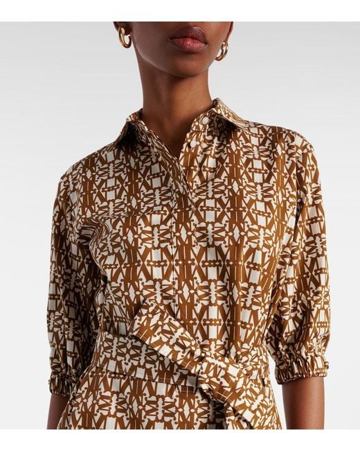 Max Mara Natural Luxgi Belted Printed Cotton Midi Dress
