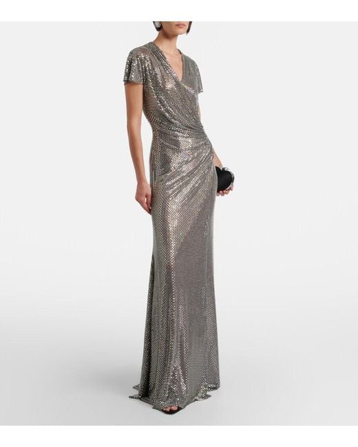 Self-Portrait Gray Gathered Rhinestone-Embellished Gown