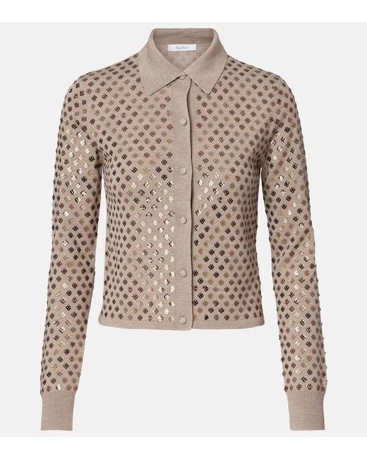 Max Mara Brown Ragno Sequined Virgin Wool Cardigan