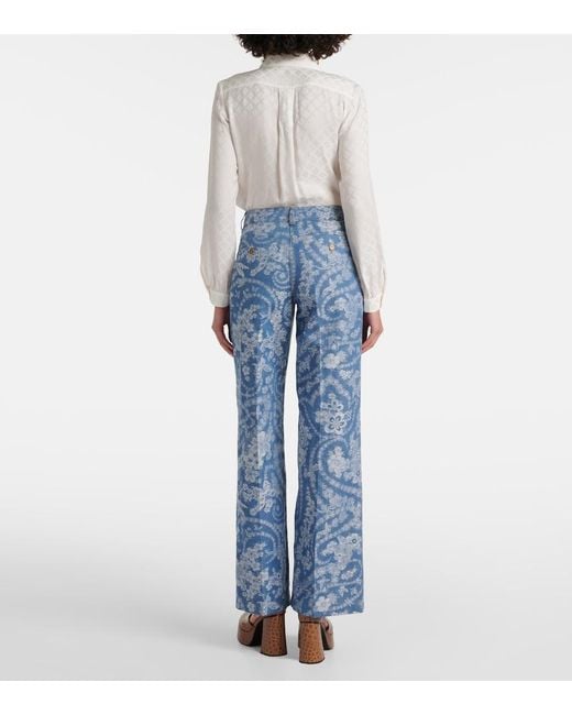 Etro Blue Printed Cotton And Linen Wide-Leg Pants